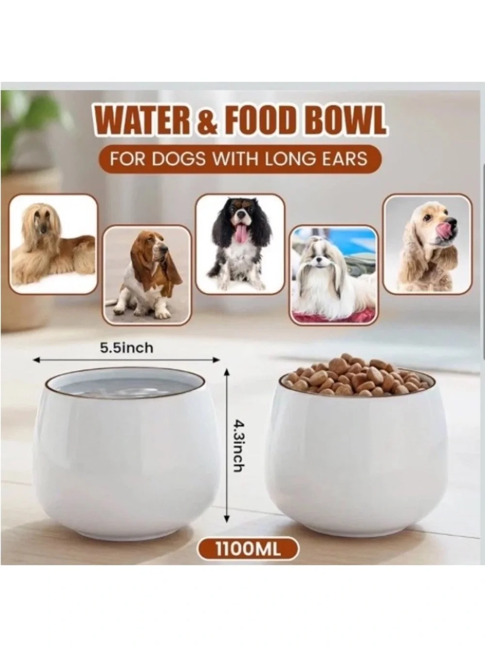 New 37 oz Dog Water Bowl for Long Eared Dogs White Ceramic No Spills Clean Ears.